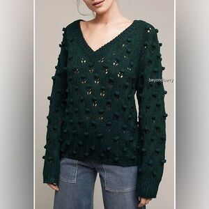 Anthropologie green Pom-knit V Neck pullover sweater By Lilli’s Closet Sz Large.